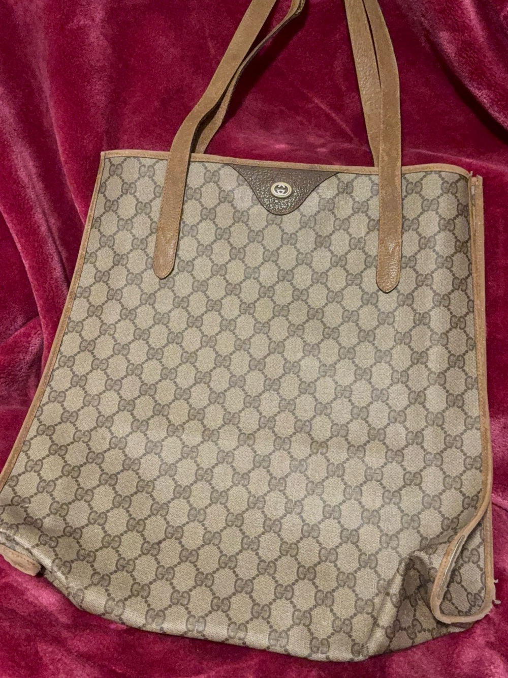 Vintage Gucci Plus GG Monogram Tote Bag Brown PVC Leather Trim Italy 39 02 003